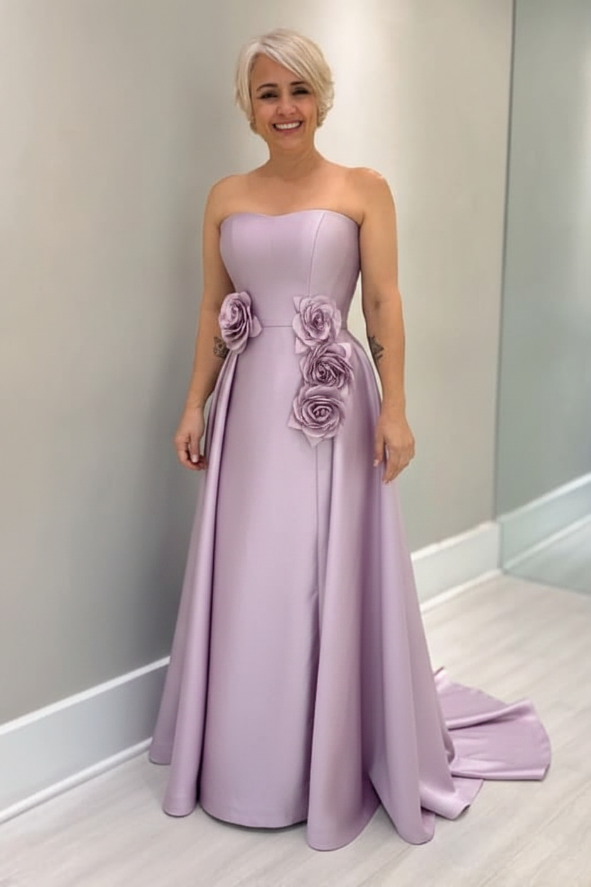 Dusty Blue Satin Mother of the Bride Dress Strapless with Flowers