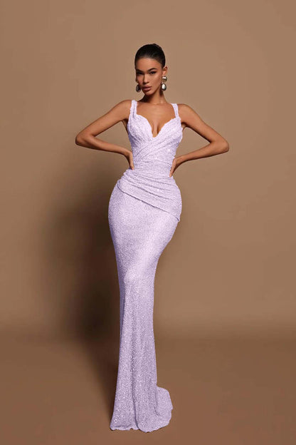 Glamorous Pink Sequin Mermaid Prom Dress Sleeveless with V-Neck