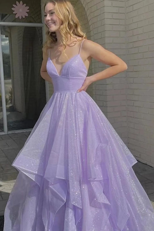 Lilac Spaghetti-Strap V-Neck A-Line Prom Dress With Tulle
