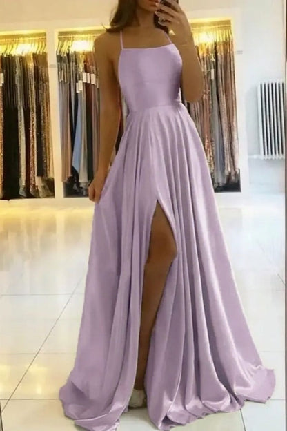 Spaghetti Straps Simple Satin Long Prom Dress with Slit