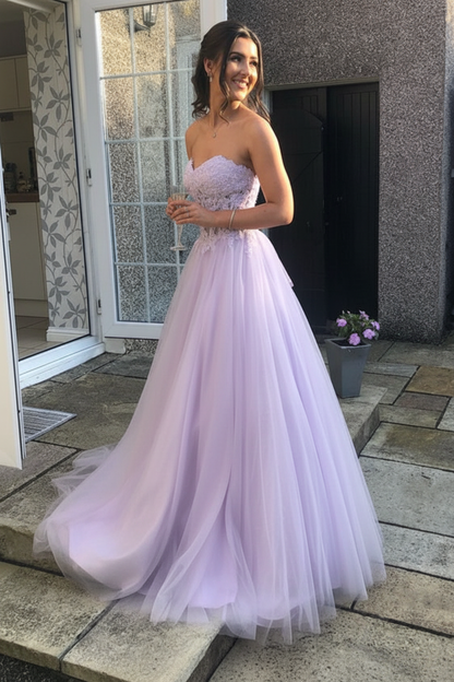Sweetheart Open Back Pink Lace Long Prom Dresses Tulle Aline Formal Evening Dresses