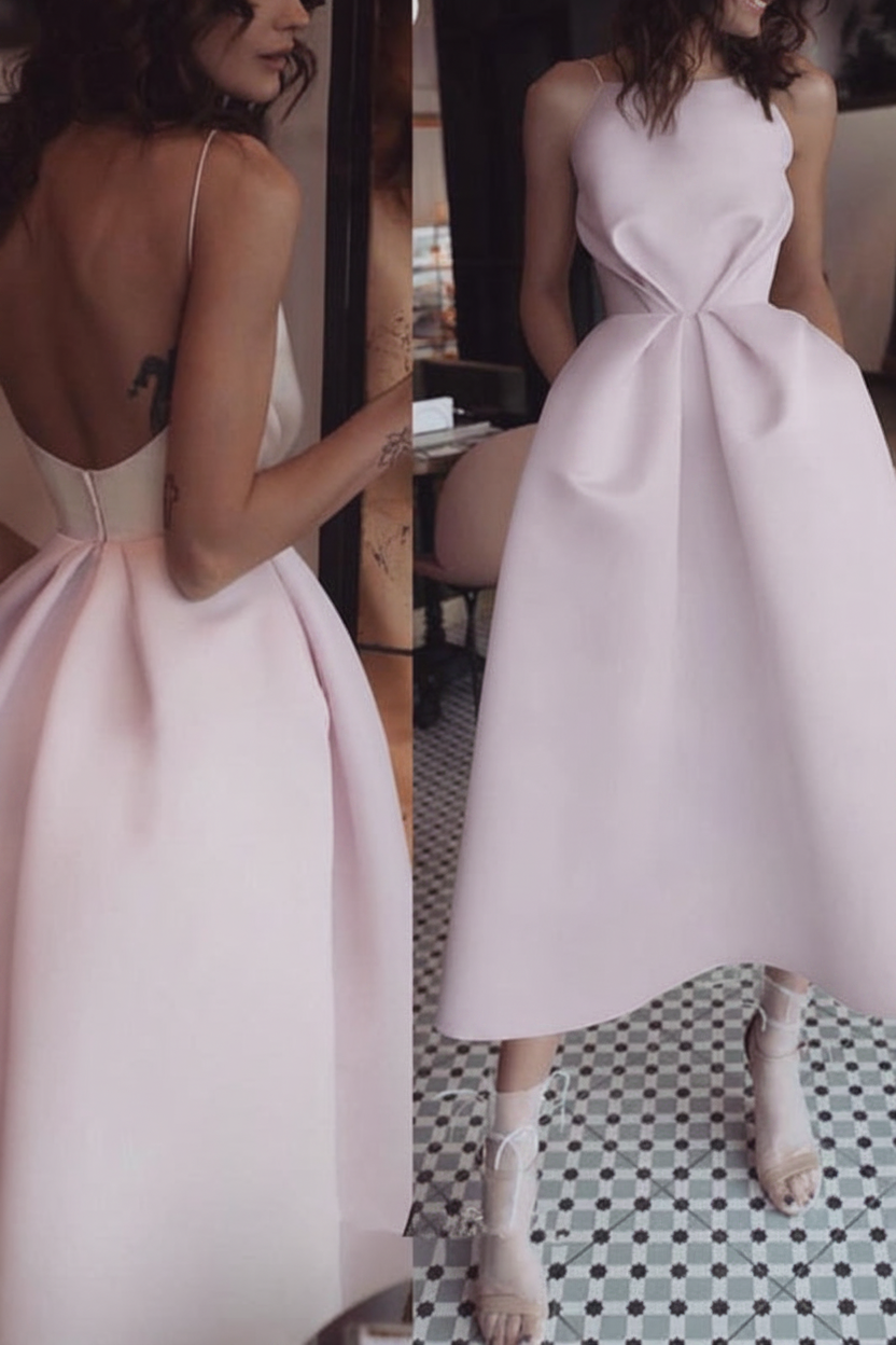 Unique Tea Length Satin Party Spaghetti Straps Backless Prom Dress
