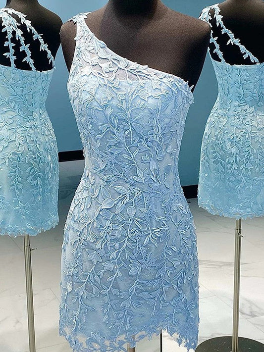 Tight straight lace applique one shoulder sleeveless short Homecoming Dress