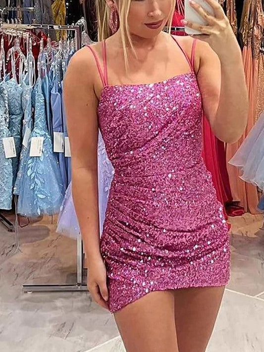 Tight straight tube sequin pleated square sleeveless short Homecoming Dress