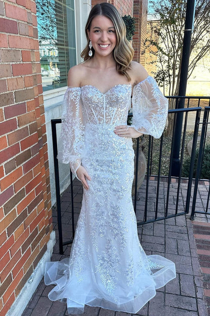 Mermaid White Off The Shoulder Sequins Lace Long Prom Dresses with Long Sleeves