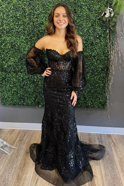 Mermaid White Off The Shoulder Sequins Lace Long Prom Dresses with Long Sleeves