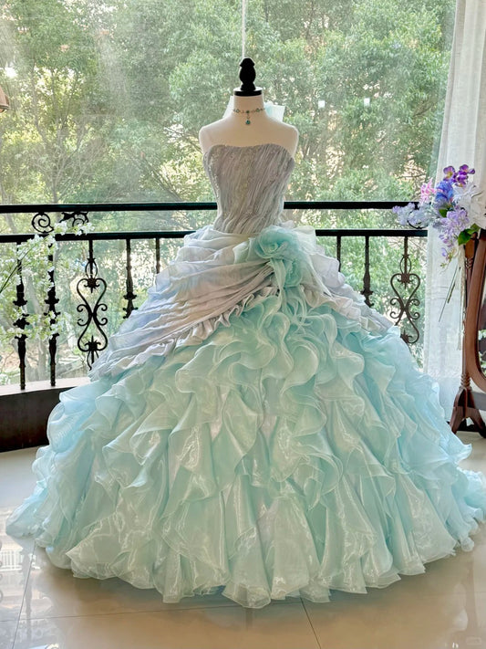 Girlhomeshops-Blue Gorgeous Elegant Shiny Long Tulle Quinceanera Dresses Prom Dress Graduation Dress gh5002