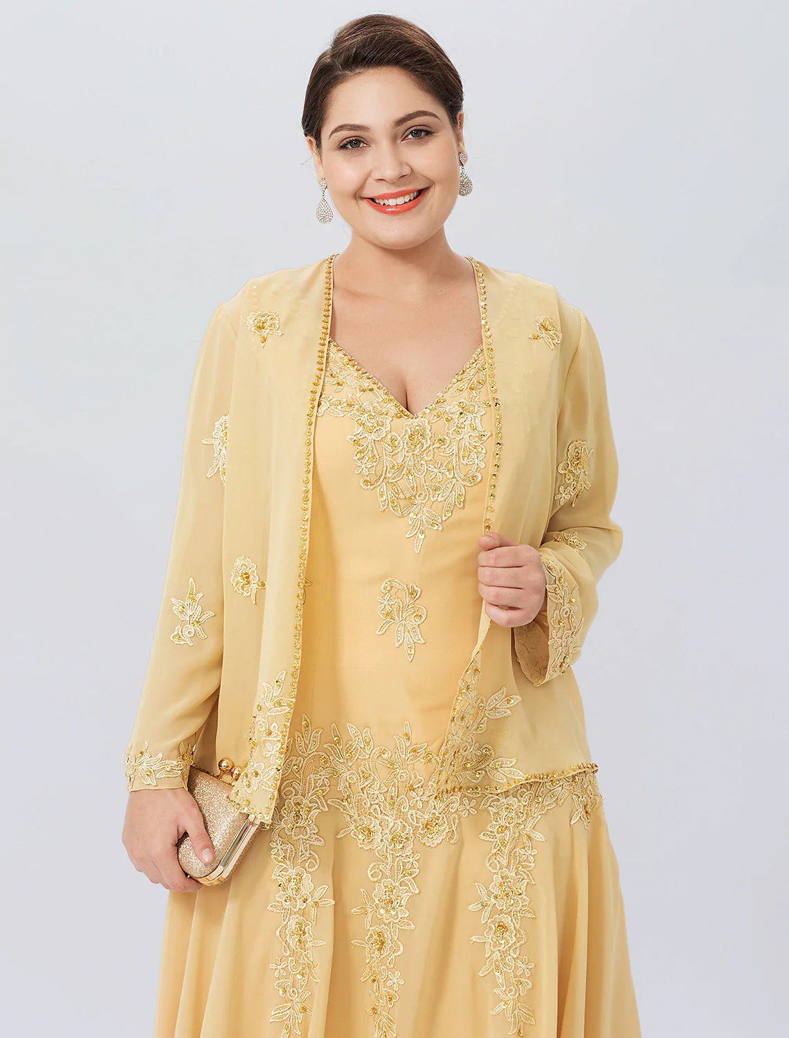 Aimishang A-Line Mother of the Bride Dress Formal Plus Size Elegant High Low V Neck Asymmetrical Chiffon Beaded Lace Long Sleeve Wrap Included with Beading Appliques
