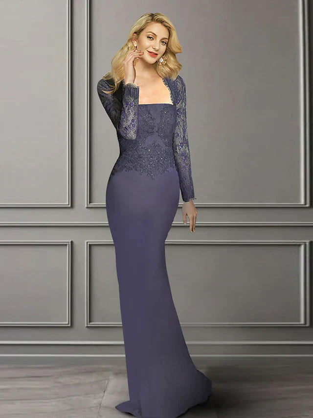 Sheath / Column Mother of the Bride Dress Elegant Square Neck Sweep / Brush Train Chiffon Lace Long Sleeve with Appliques
