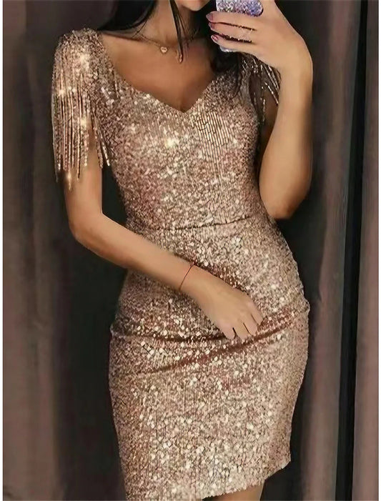 Women's Gold Sequin Dress Fringe Dress Gold Dress Party Dress Sparkly Dress Homecoming Dress Mini Dress Silver Black Short Sleeve Spring Fall V Neck Fashion Wedding Guest