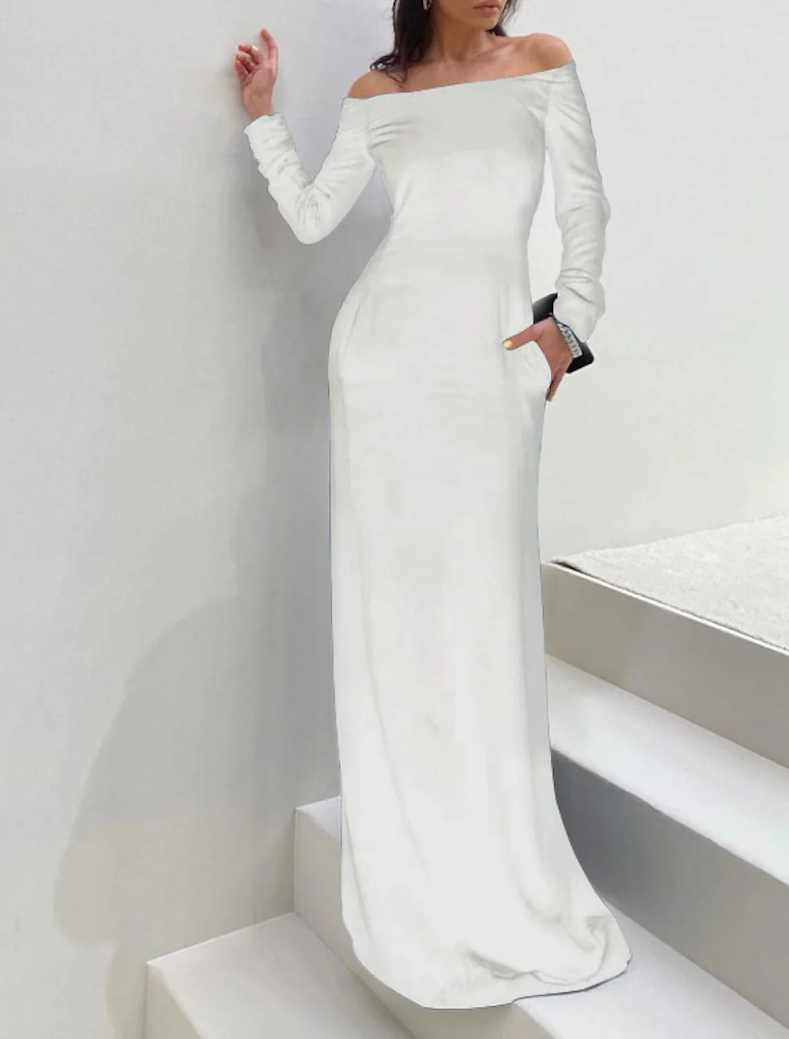 Aimishang Sheath / Column Evening Gown Elegant Dress Formal Evening Floor Length Long Sleeve Off Shoulder Fall Wedding Guest Velvet with Sleek