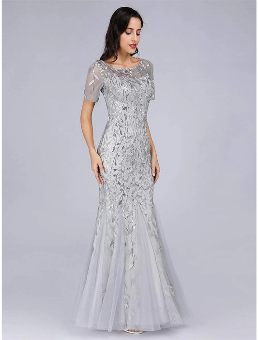 Aimishang Mermaid / Trumpet Empire Elegant Party Wear Formal Evening Dress Jewel Neck Short Sleeve Floor Length Tulle with Embroidery