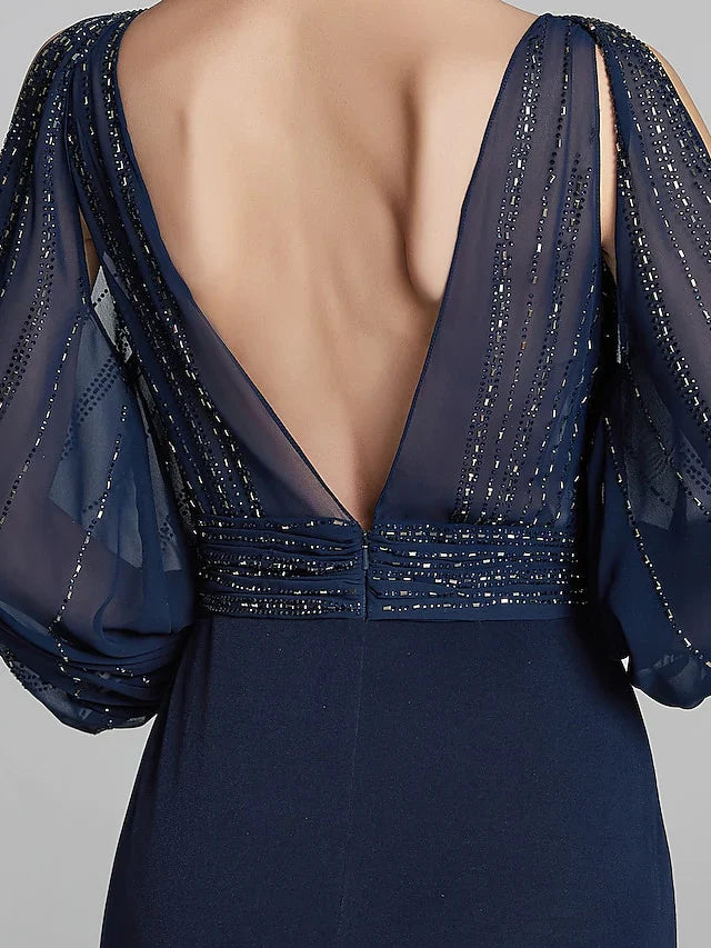 Sheath / Column Mother of the Bride Dress Sparkle & Shine Boat Neck Floor Length Chiffon Jersey Long Sleeve No with Beading Ruching