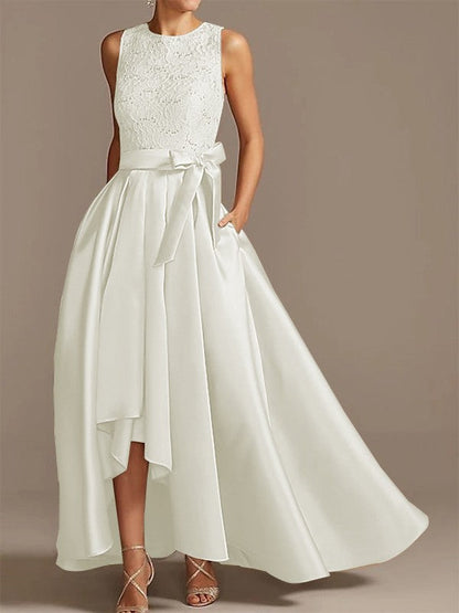 Noble A-shaped Princess Satin Belt, Ribbon Belt Applique Low Round Sleeveless Asymmetric Bride Mother of the Bride Dresses