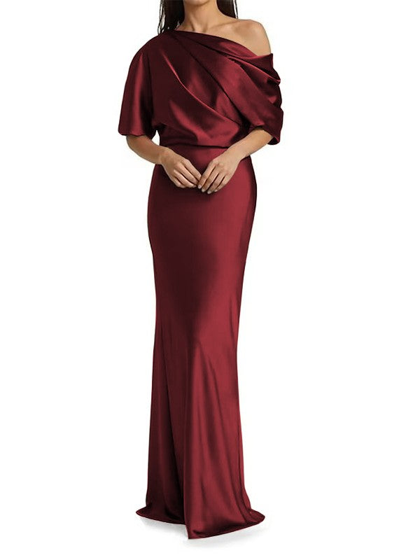 Elegant and tight fitting column shaped  woven satin pleats on one shoulder 1/2 sleeves and floor length bridal Mother of the Bride Dresses