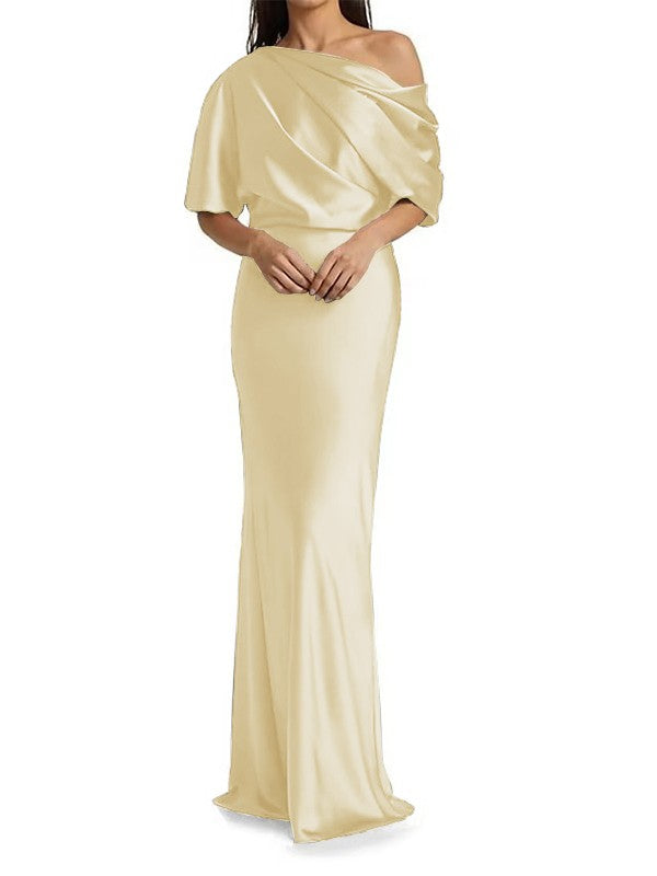 Elegant and tight fitting column shaped  woven satin pleats on one shoulder 1/2 sleeves and floor length bridal Mother of the Bride Dresses