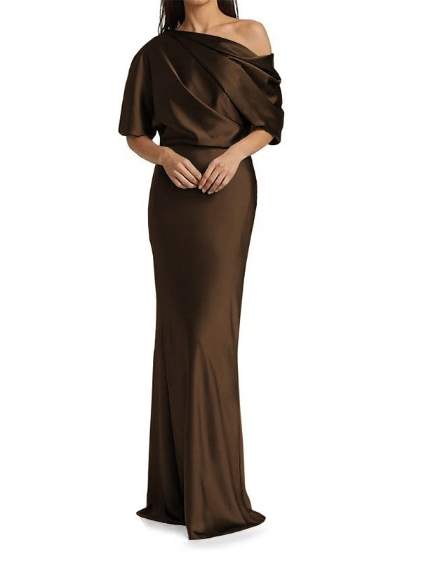 Elegant and tight fitting column shaped  woven satin pleats on one shoulder 1/2 sleeves and floor length bridal Mother of the Bride Dresses