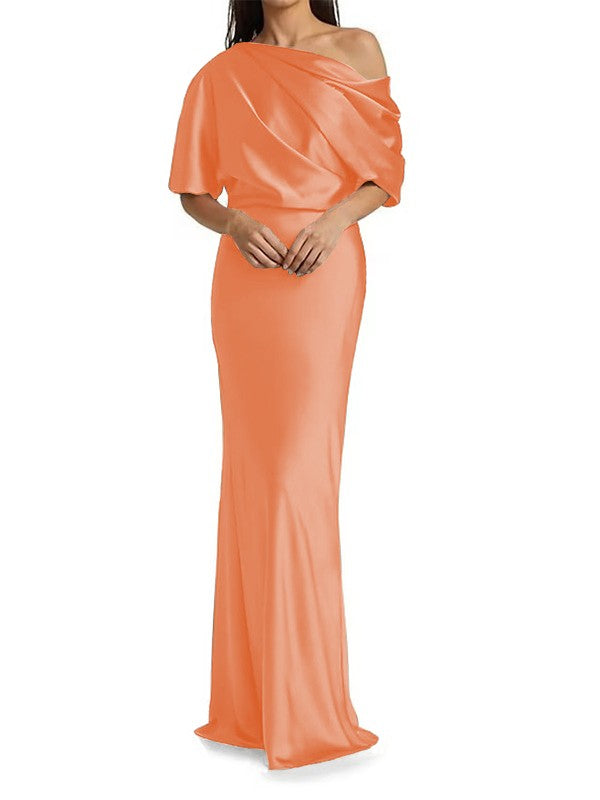 Elegant and tight fitting column shaped  woven satin pleats on one shoulder 1/2 sleeves and floor length bridal Mother of the Bride Dresses