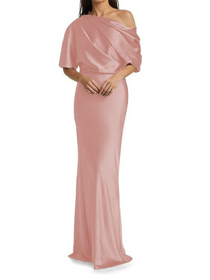 Elegant and tight fitting column shaped  woven satin pleats on one shoulder 1/2 sleeves and floor length bridal Mother of the Bride Dresses
