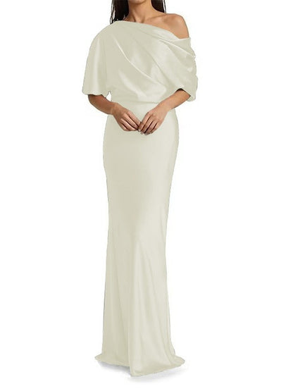 Elegant and tight fitting column shaped  woven satin pleats on one shoulder 1/2 sleeves and floor length bridal Mother of the Bride Dresses