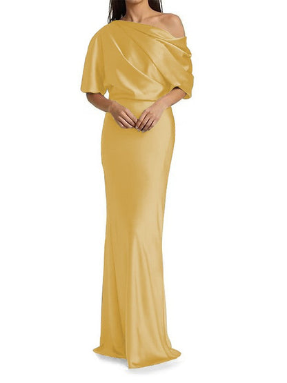 Elegant and tight fitting column shaped  woven satin pleats on one shoulder 1/2 sleeves and floor length bridal Mother of the Bride Dresses