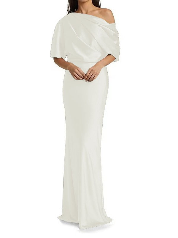 Elegant and tight fitting column shaped  woven satin pleats on one shoulder 1/2 sleeves and floor length bridal Mother of the Bride Dresses
