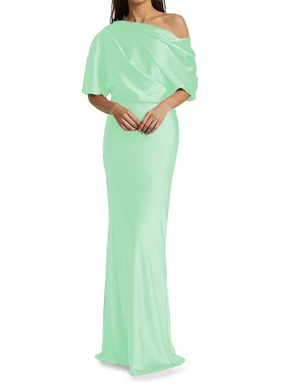 Elegant and tight fitting column shaped  woven satin pleats on one shoulder 1/2 sleeves and floor length bridal Mother of the Bride Dresses