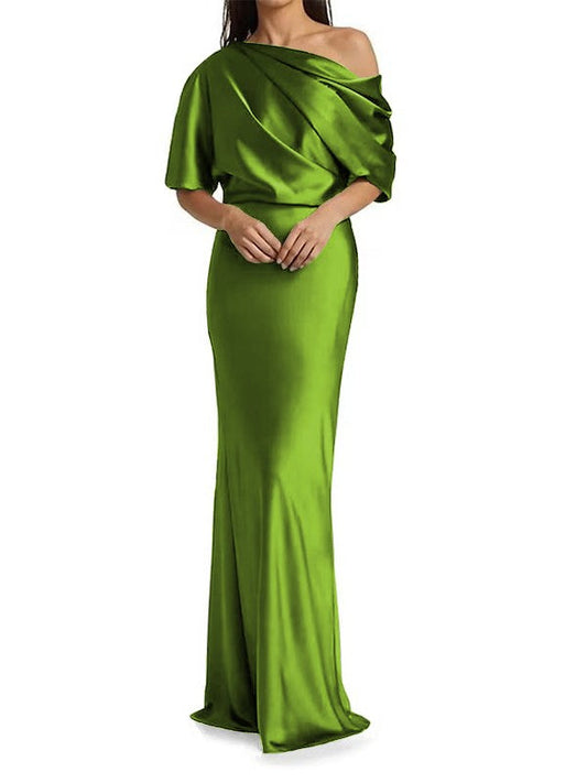 Elegant and tight fitting column shaped  woven satin pleats on one shoulder 1/2 sleeves and floor length bridal Mother of the Bride Dresses