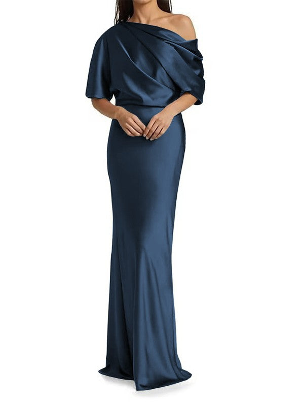 Elegant and tight fitting column shaped  woven satin pleats on one shoulder 1/2 sleeves and floor length bridal Mother of the Bride Dresses