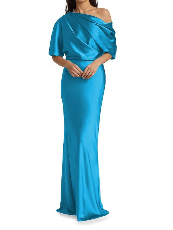 Elegant and tight fitting column shaped  woven satin pleats on one shoulder 1/2 sleeves and floor length bridal Mother of the Bride Dresses