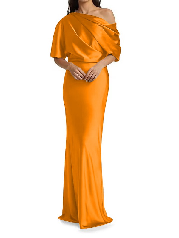 Elegant and tight fitting column shaped  woven satin pleats on one shoulder 1/2 sleeves and floor length bridal Mother of the Bride Dresses