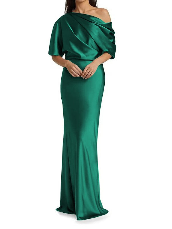 Elegant and tight fitting column shaped  woven satin pleats on one shoulder 1/2 sleeves and floor length bridal Mother of the Bride Dresses