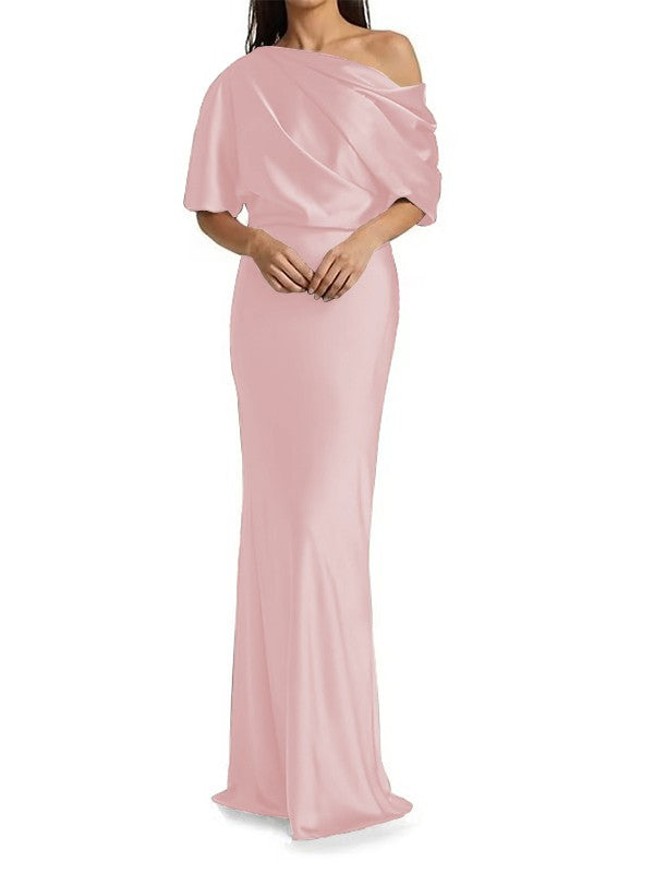 Elegant and tight fitting column shaped  woven satin pleats on one shoulder 1/2 sleeves and floor length bridal Mother of the Bride Dresses