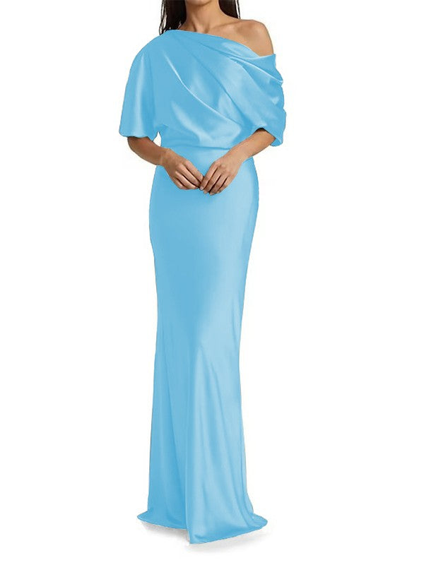 Elegant and tight fitting column shaped  woven satin pleats on one shoulder 1/2 sleeves and floor length bridal Mother of the Bride Dresses