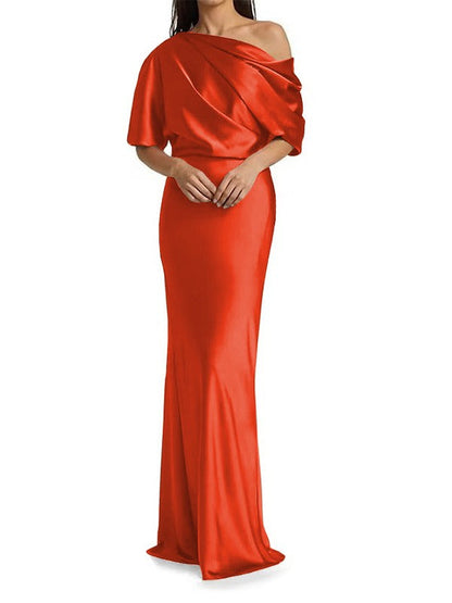 Elegant and tight fitting column shaped  woven satin pleats on one shoulder 1/2 sleeves and floor length bridal Mother of the Bride Dresses