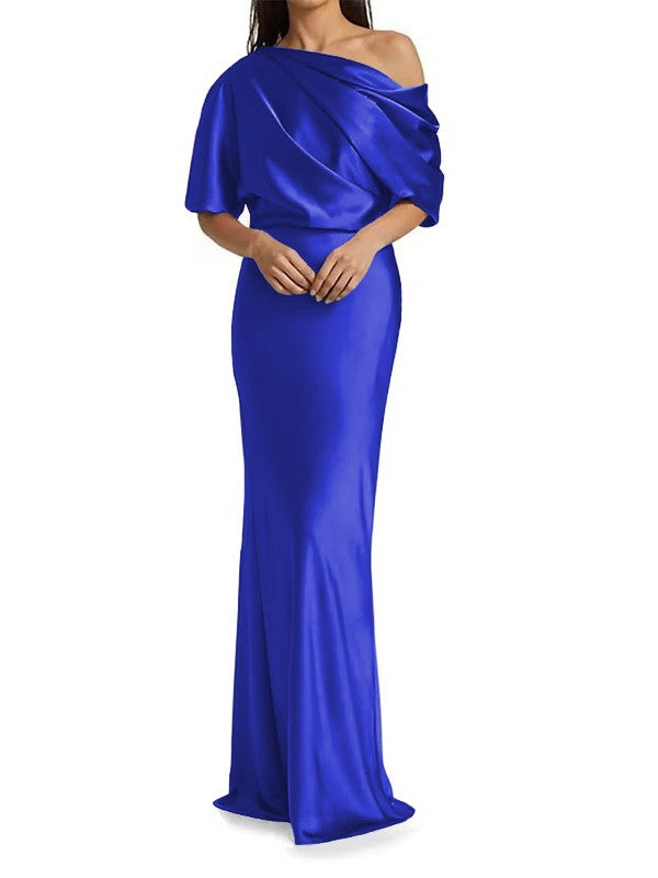 Elegant and tight fitting column shaped  woven satin pleats on one shoulder 1/2 sleeves and floor length bridal Mother of the Bride Dresses