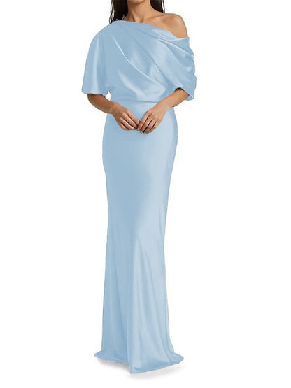 Elegant and tight fitting column shaped  woven satin pleats on one shoulder 1/2 sleeves and floor length bridal Mother of the Bride Dresses