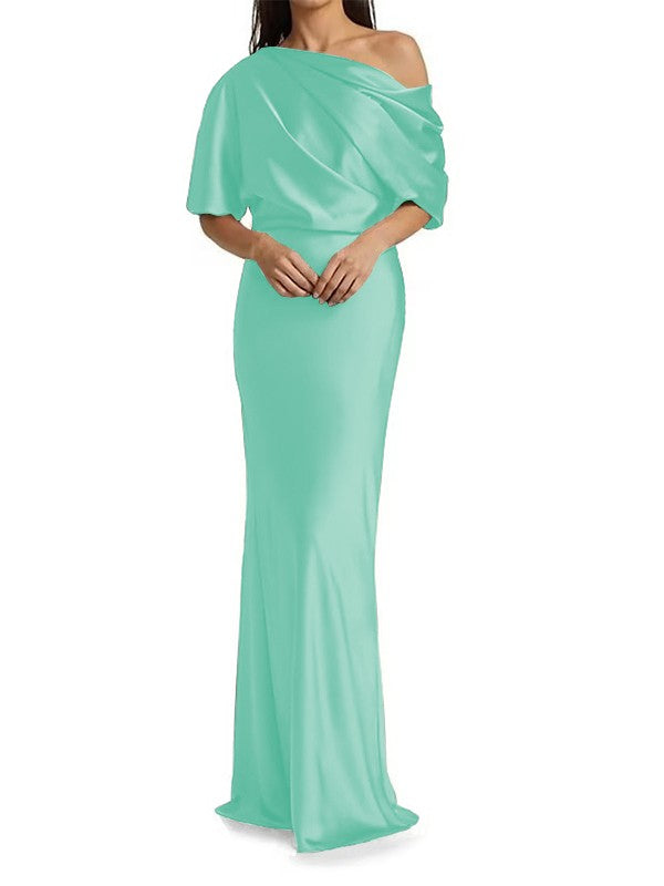 Elegant and tight fitting column shaped  woven satin pleats on one shoulder 1/2 sleeves and floor length bridal Mother of the Bride Dresses