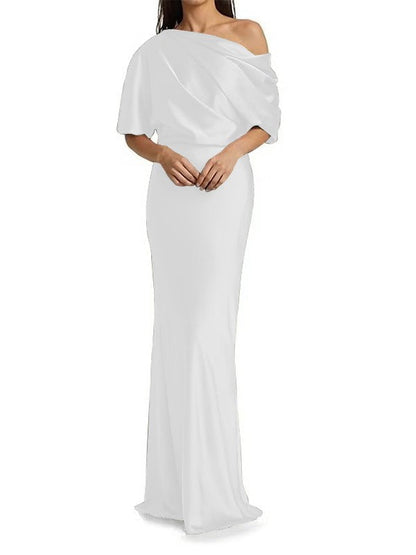 Elegant and tight fitting column shaped  woven satin pleats on one shoulder 1/2 sleeves and floor length bridal Mother of the Bride Dresses