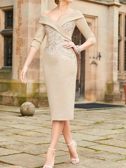Tight fit/straight tube  lace patch flower exposed shoulder long bridal mother dress