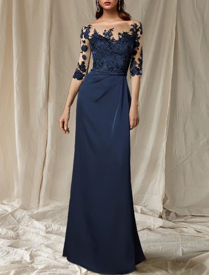 Aimishang  Sheath / Column Mother of the Bride Dress Wedding Guest Plus Size Elegant Jewel Neck Sweep / Brush Train Chiffon Half Sleeve with Appliques Fall