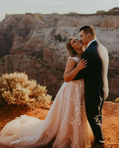Long A-Line V-Neck Tulle Lace Appliques Wedding Dress with Train