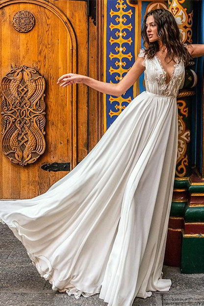 Long Chiffon Wedding Dress with Sleeveless Design