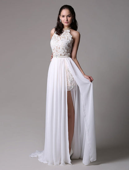 Long Ivory Halter Backless Evening Dress Lace Applique Beading Chiffon Split Party Dress