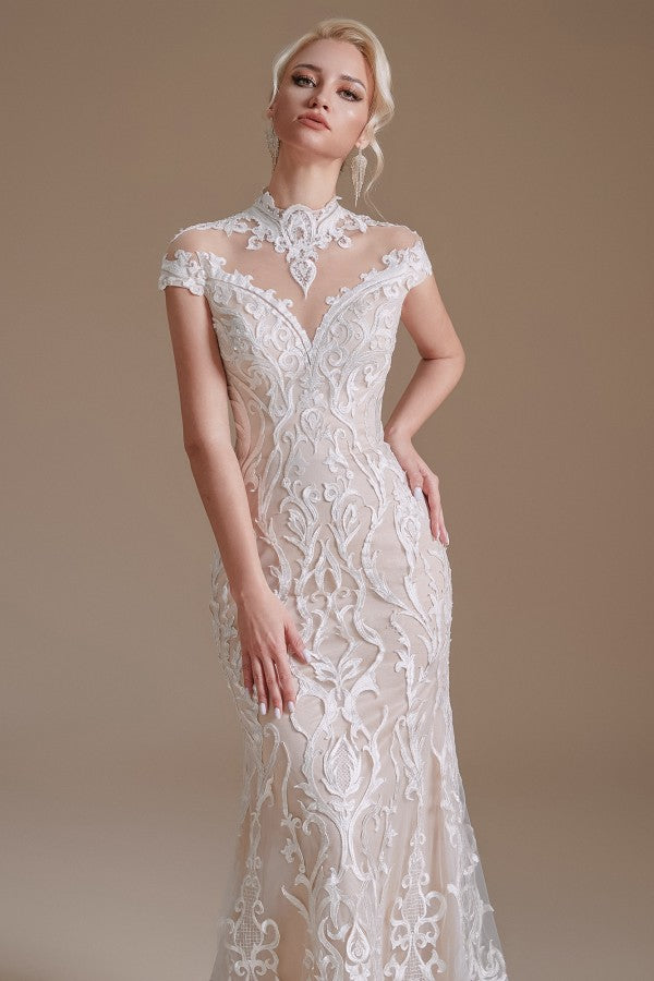 Long Mermaid Lace Wedding Dress with Sleeves - Charming and Elegant