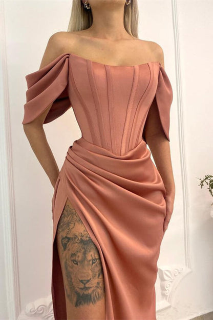 Off-the-Shoulder Corset Satin Mermaid Prom Dress Long With Split