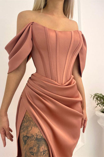 Off-the-Shoulder Corset Satin Mermaid Prom Dress Long With Split