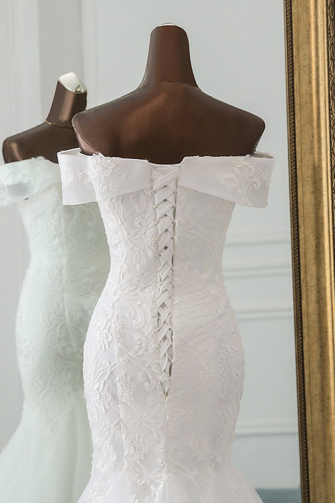Long Mermaid Wedding Dress with Lace Appliques - Off-the-Shoulder