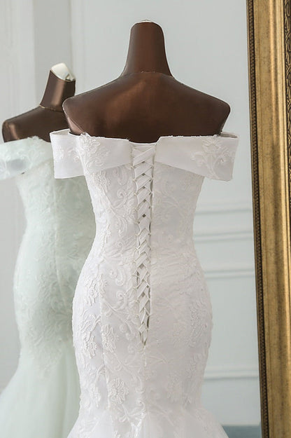 Long Mermaid Wedding Dress with Lace Appliques - Off-the-Shoulder