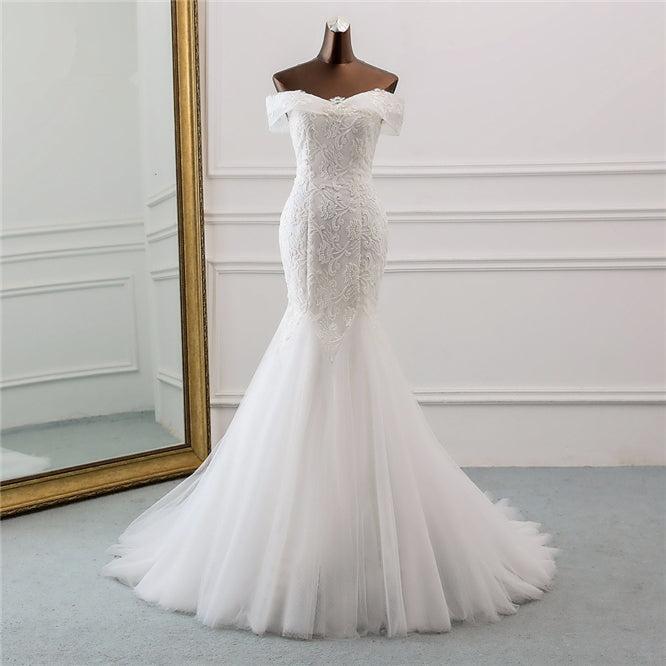 Long Mermaid Wedding Dress with Lace Appliques - Off-the-Shoulder